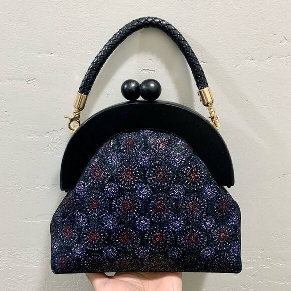 Oriental Style Genuine Leather Starburst Print, Wooden Frame Wristlet/CrossBody - Picture 1 of 16